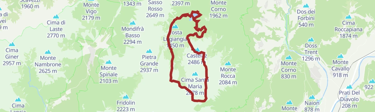 Route map: 1- or 2-day loop tour around the Campa sub-group in the Brenta Dolomites